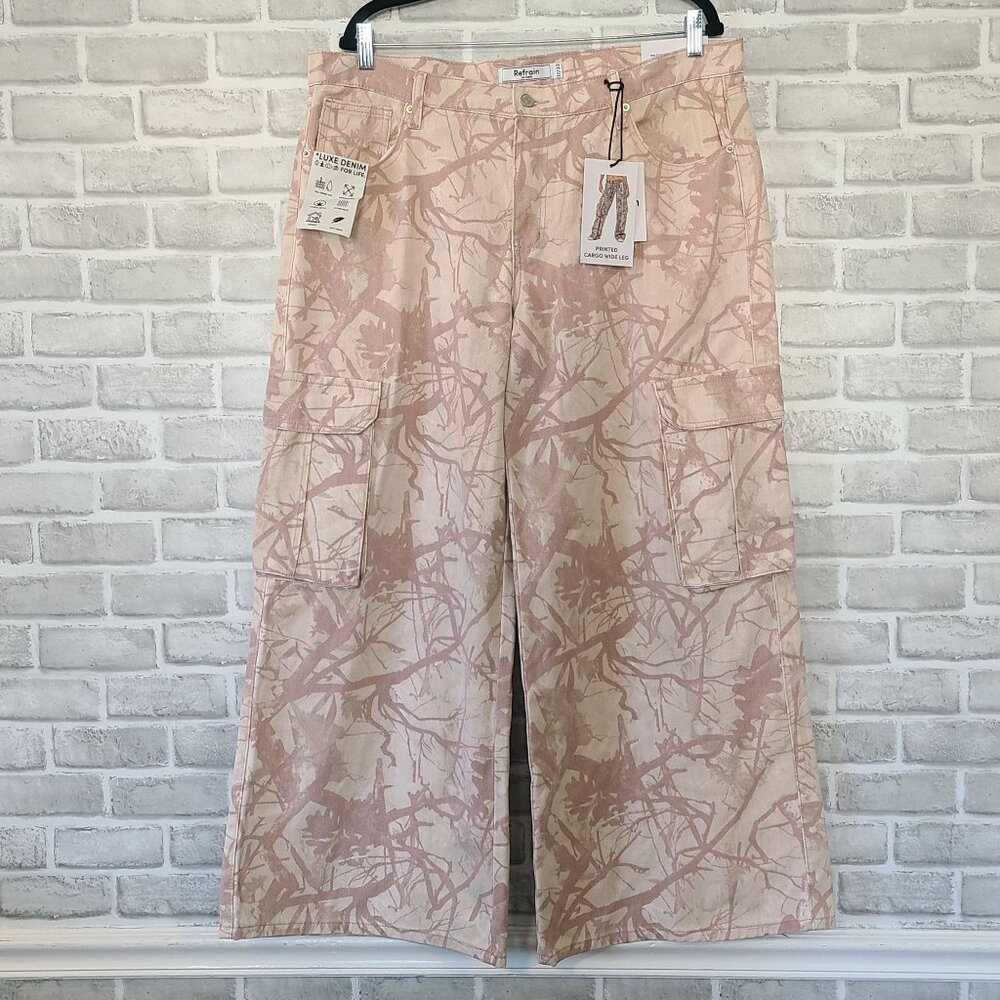 Refrain Printed Cargo Wide Leg Denim Jeans Pants NEW 33  Luxe Casual Streetwear